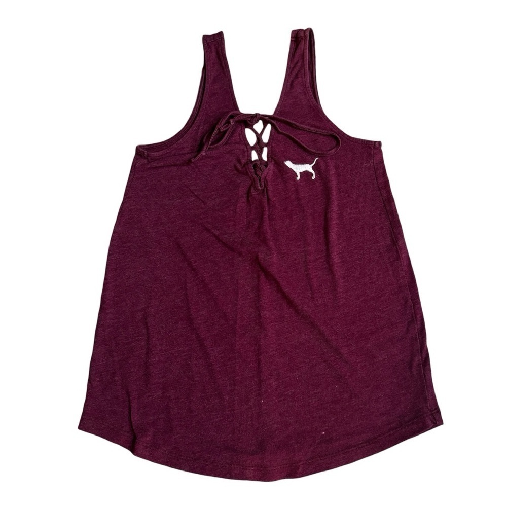 PINK Victoria's Secret maroon tank top with lace up front, white dog logo, XS.